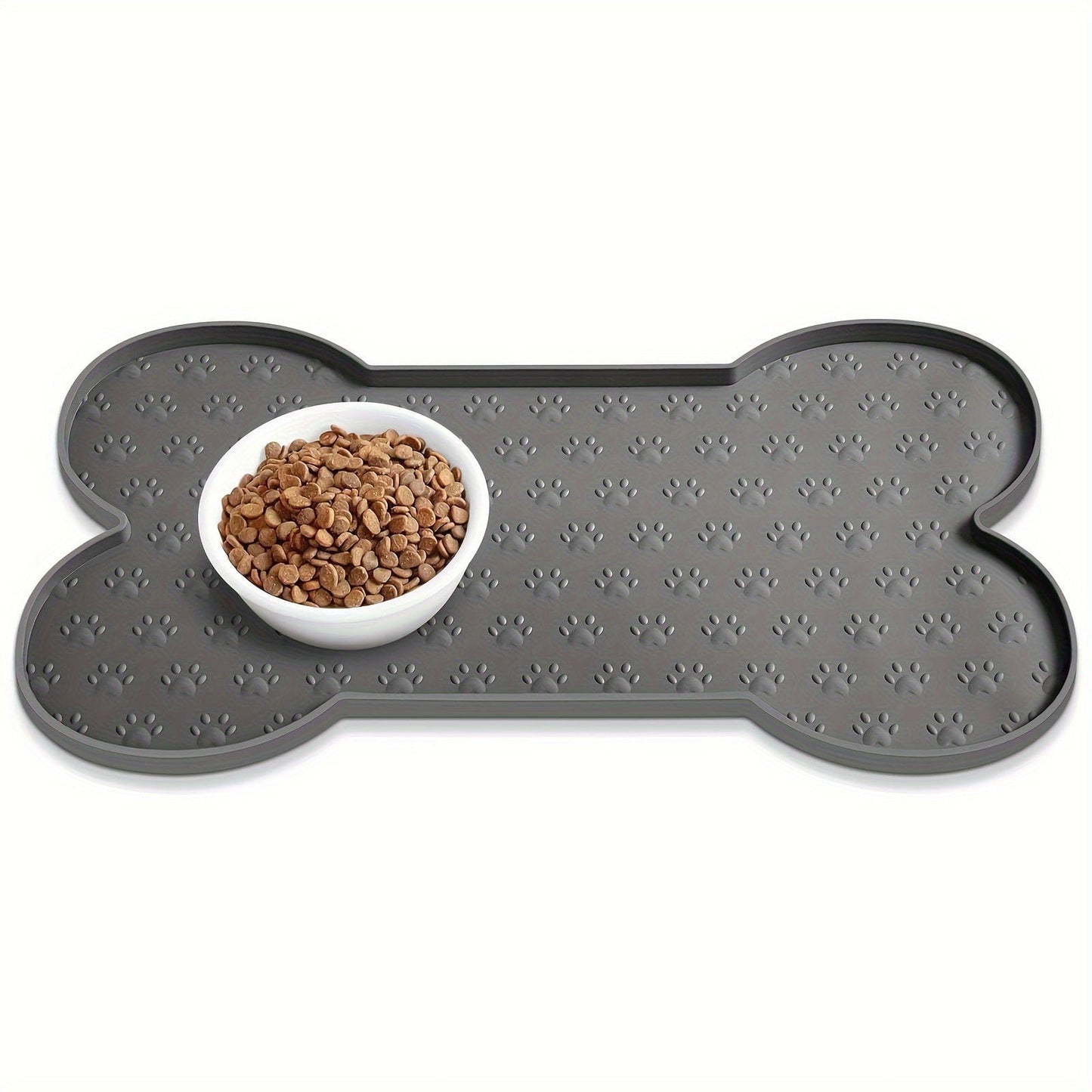 Tapis de nourriture pour chiens en silicone gris avec empreintes de pattes et bol