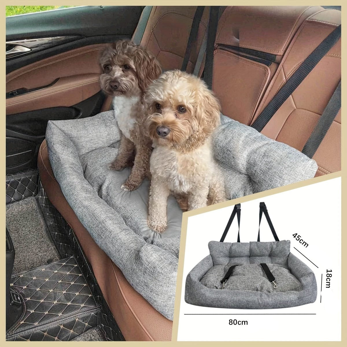 Gray dog car seat with two dogs, parfait pour accessoires pour chiens et grands chiens