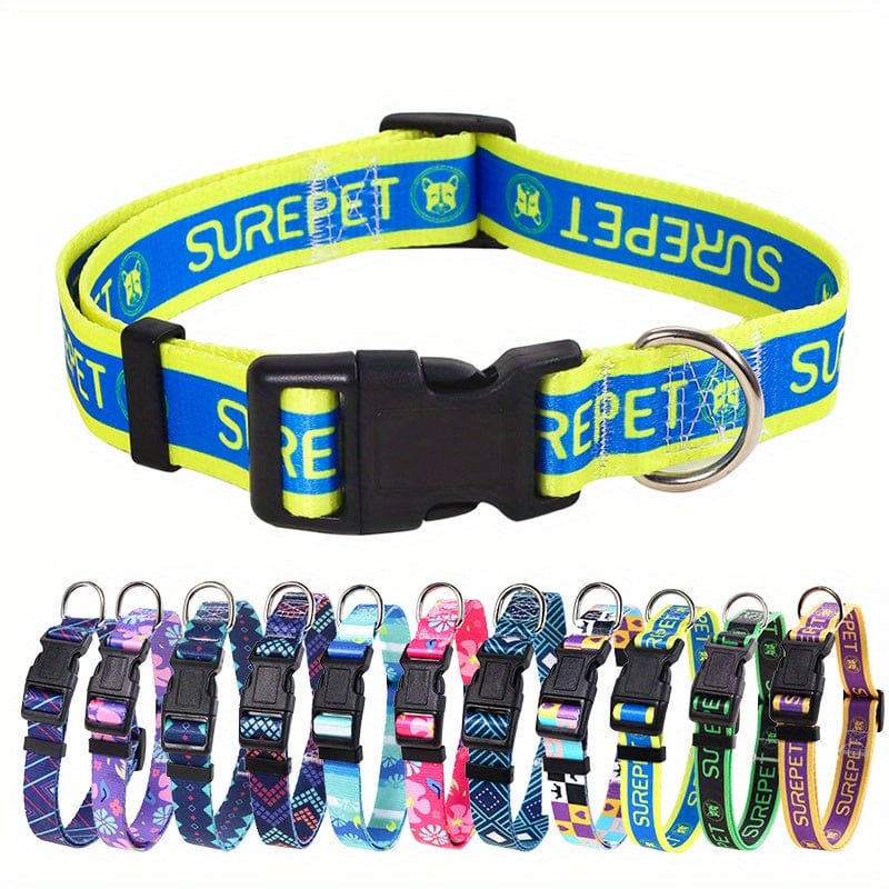 Adjustable Floral Print Dog Collar - Durable Polyester Comfort Fit for Small to Large Breeds - Lake Blue / S