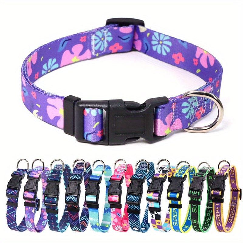 Adjustable Floral Print Dog Collar - Durable Polyester Comfort Fit for Small to Large Breeds - Violet / S