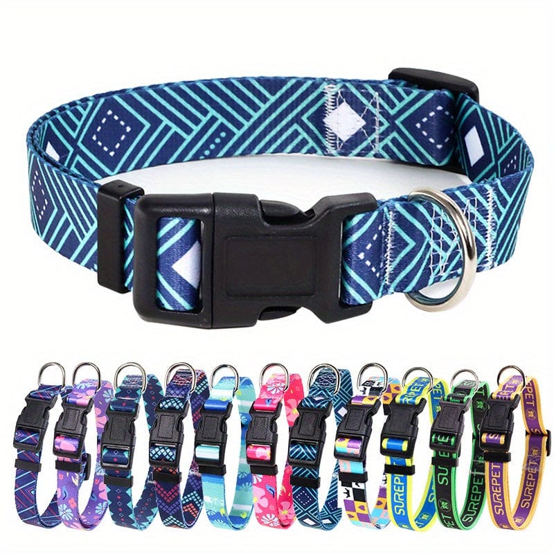 Adjustable Floral Print Dog Collar - Durable Polyester Comfort Fit for Small to Large Breeds - Peacock Blue / S