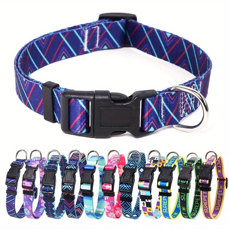 Adjustable Floral Print Dog Collar - Durable Polyester Comfort Fit for Small to Large Breeds - Violet Blue / S
