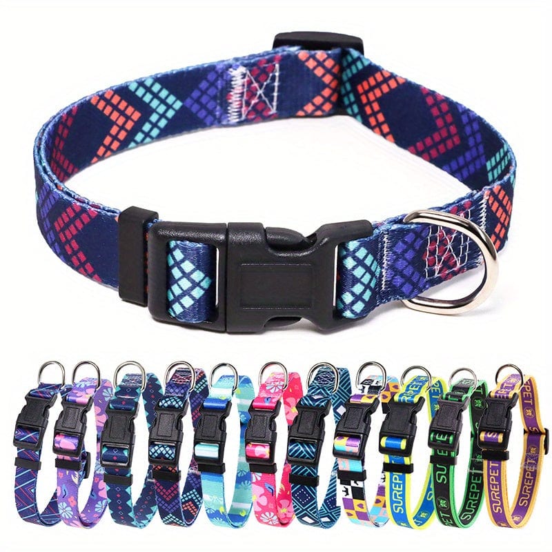 Adjustable Floral Print Dog Collar - Durable Polyester Comfort Fit for Small to Large Breeds - Navy Blue / S