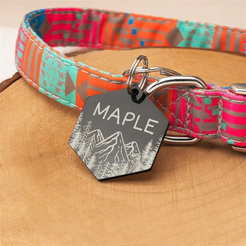 Médaille pour chien gravée – modèle hexagonal montagne (acier inox personnalisable)