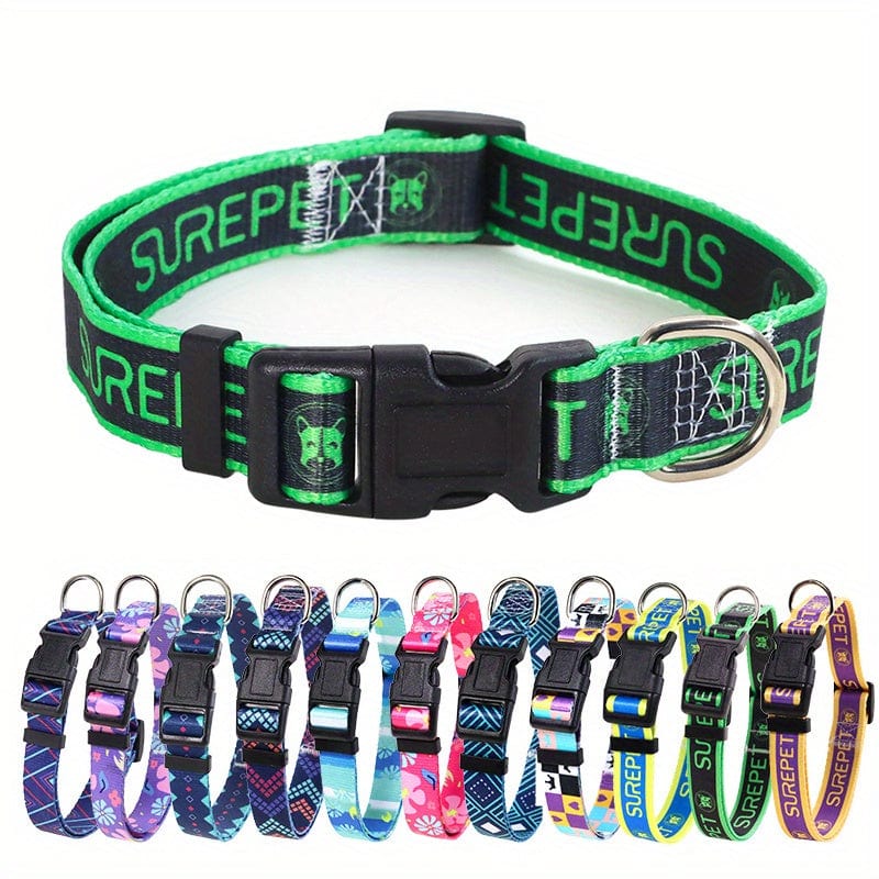 Adjustable Floral Print Dog Collar - Durable Polyester Comfort Fit for Small to Large Breeds - Dark Green / M