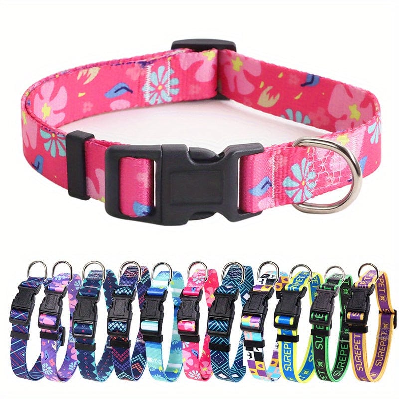Adjustable Floral Print Dog Collar - Durable Polyester Comfort Fit for Small to Large Breeds - Bright Pink Color / S