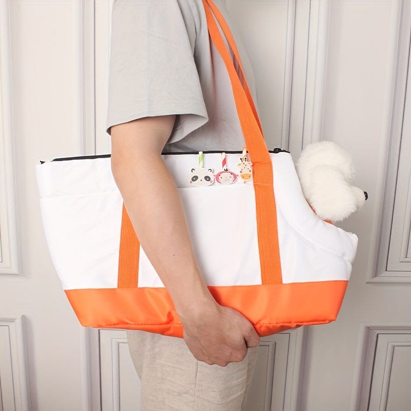 Sac pour animaux orange et blanc avec un petit chien, parfait pour accessoires pour chiens
