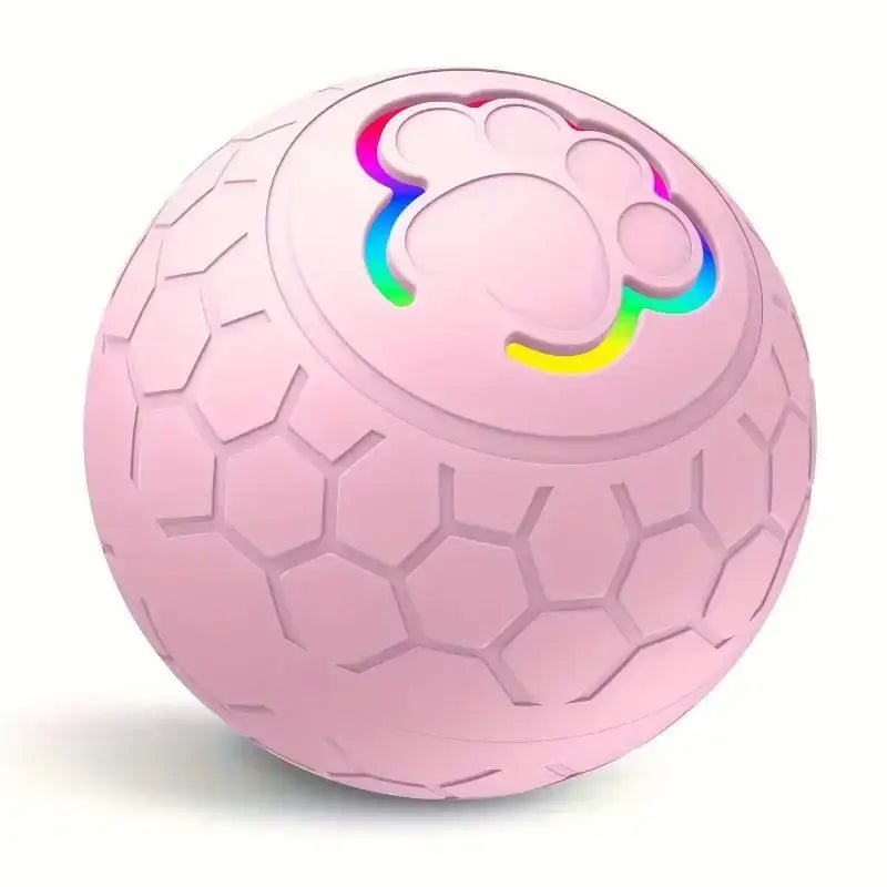 Image d’une balle rebondissante pour chien avec motif de patte rose, jouet rebondissant pour chien actif