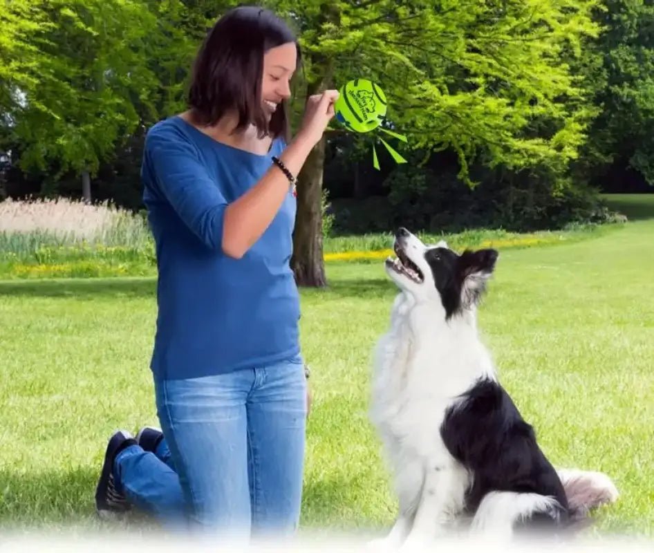 Femme jouant avec son chien et une balle sonore résistante pour chien, jouet qui couine