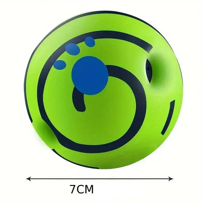 Image d’une balle sonore résistante pour chien avec motif vert et imprimé de patte bleue