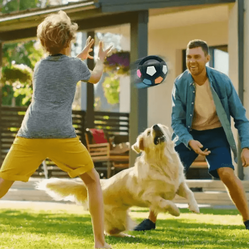 Famille jouant avec un ballon résistant pour chien avec poignée et sifflet intégré et un ballon rebondissant pour chien actif