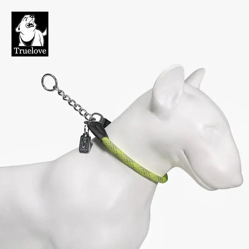 Mannequin de chien blanc portant un collier en corde nylon tressée avec chaîne inox