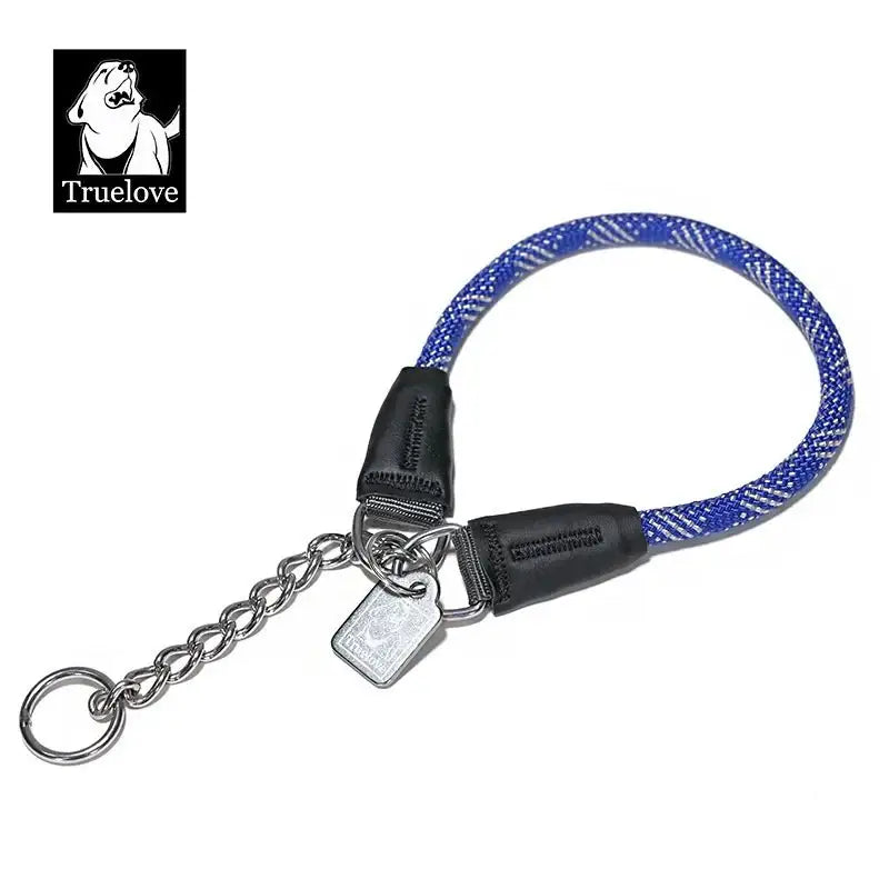 Collier pour chien en corde nylon tressée bleue et blanche avec chaîne inox et anneau