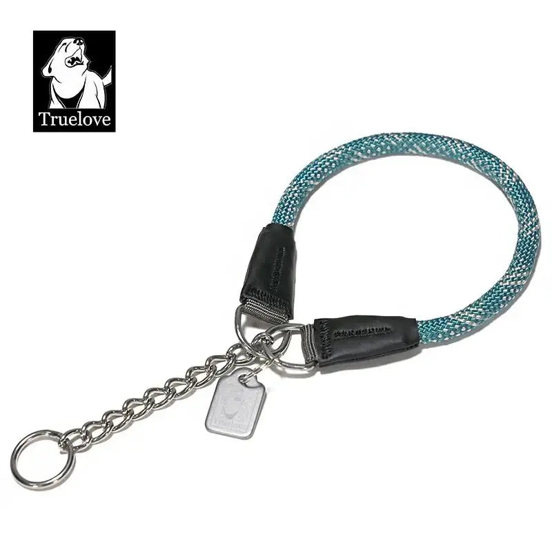 Collier pour chien en corde nylon tressée bleue et blanche avec chaîne inox et anneau