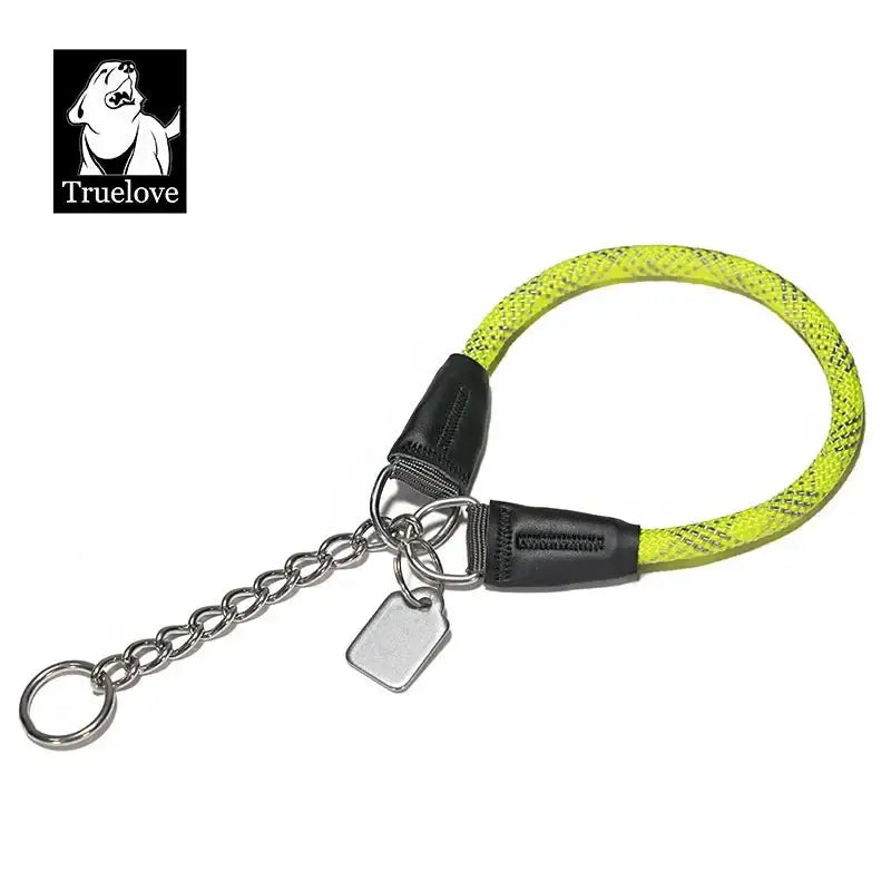 Collier pour chien en corde nylon tressée jaune et noire avec chaîne inox et tag
