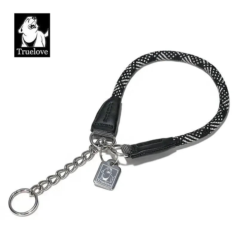 Collier pour chien en corde nylon tressée noir et blanc avec chaîne inox et médaille