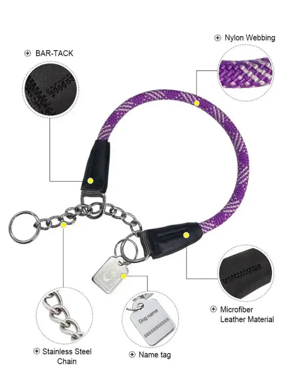 Collier pour chien en corde nylon tressée blanche et violette avec chaîne inox et nom