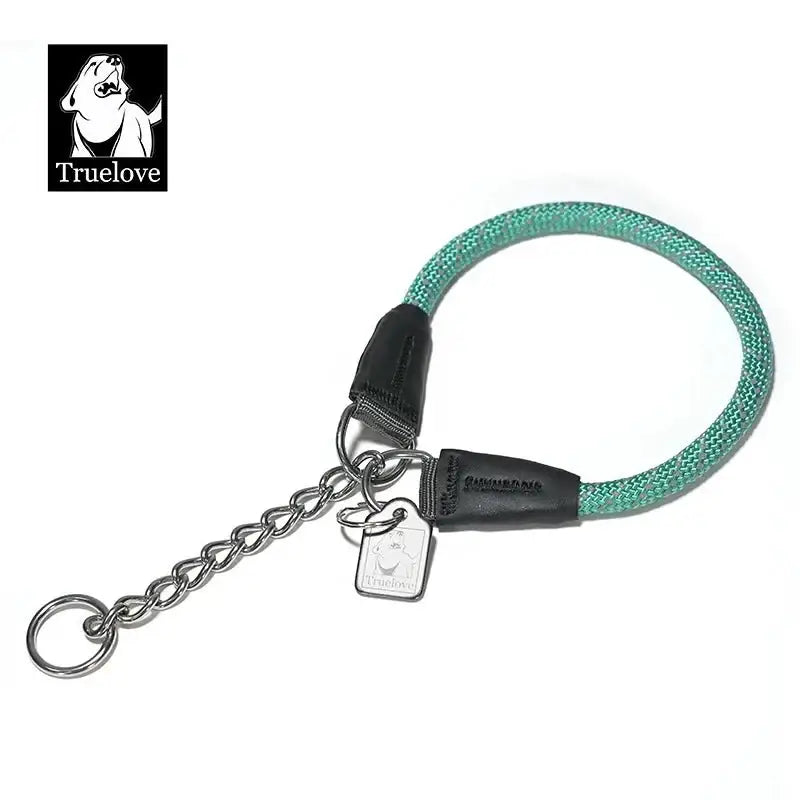 Collier pour chien en corde nylon réfléchissante avec chaîne inox et anneau métallique