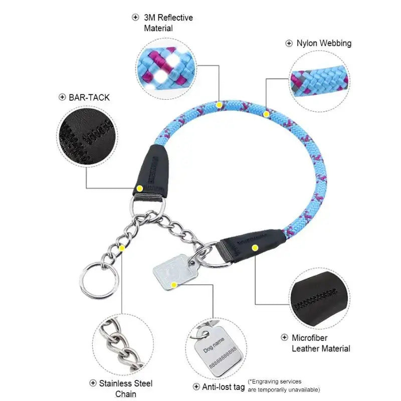 Collier pour chien en corde nylon réfléchissante avec chaîne inox et étiquette anti-perte