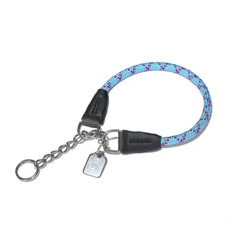 Collier pour chien en corde nylon réfléchissante avec chaîne inox et motif bleu et violet