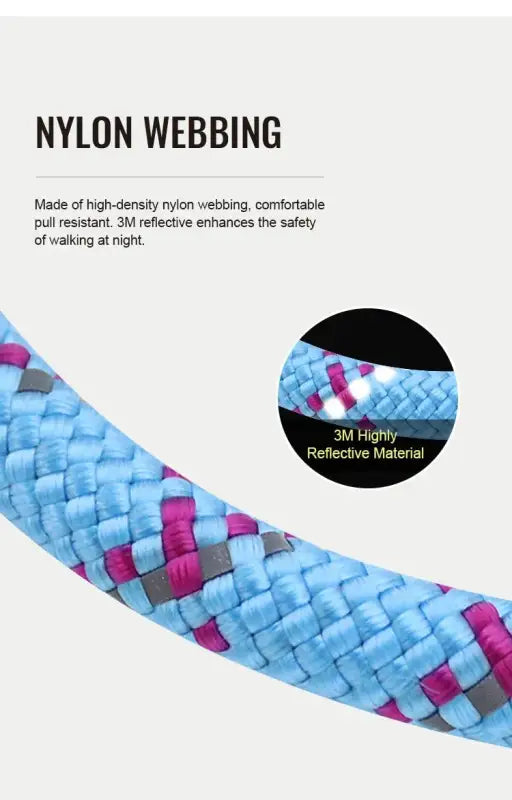 Collier pour chien en corde nylon réfléchissante avec chaîne inox, coloris bleu et rose