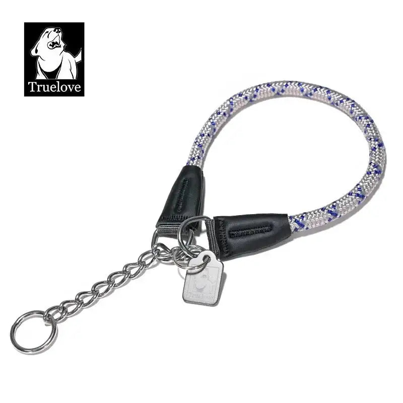 Collier pour chien en corde nylon réfléchissante avec chaîne inox et étiquette en métal