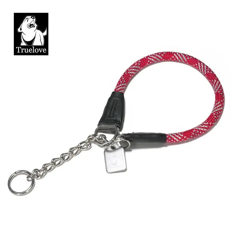 Collier pour chien en corde nylon réfléchissante avec chaîne inox et boucle rouge et blanc