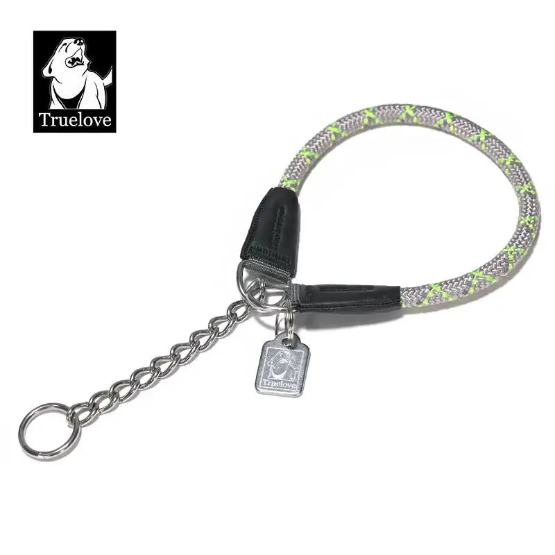 Collier pour chien en corde nylon réfléchissante gris et vert avec chaîne inox et anneau