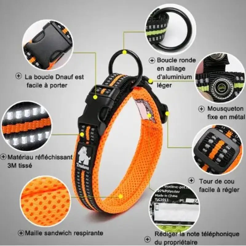 Collier chien Truelove jaune fluo avec bandes réfléchissantes, boucle rapide et mesh