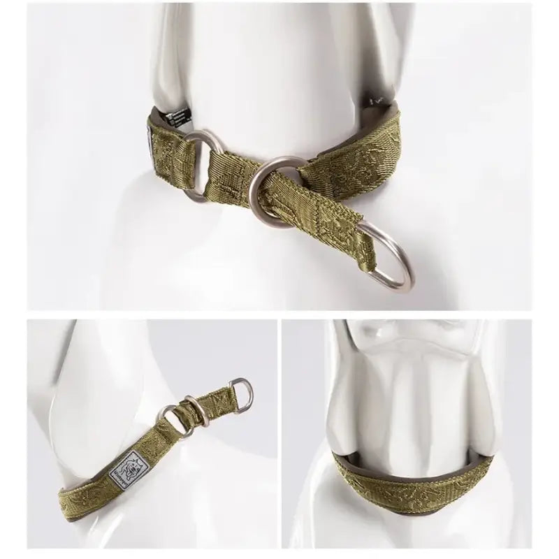 Collier pour chien en néoprène SBR vert olive avec coutures réfléchissantes et alliage d’aluminium