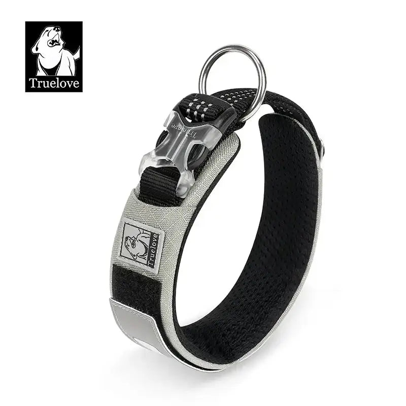 Collier chien Truelove en nylon Cordura gris avec patch personnalisable et boucle en métal