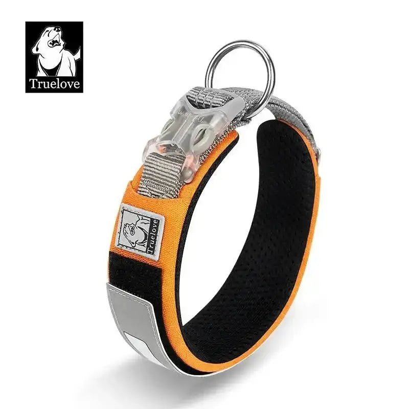 Collier chien Truelove en nylon Cordura orange et noir avec patch personnalisable et réflecteur