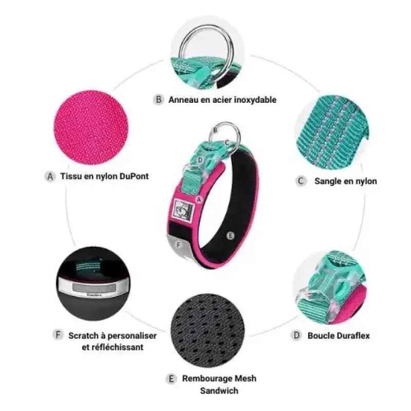 Collier chien Truelove en nylon Cordura vert olive avec patch personnalisable et détails rose et teal