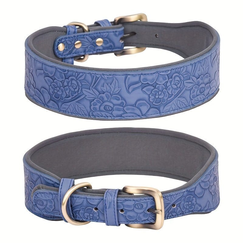 Deux colliers en cuir embossé taille moyenne avec design rétro pour chien bleu