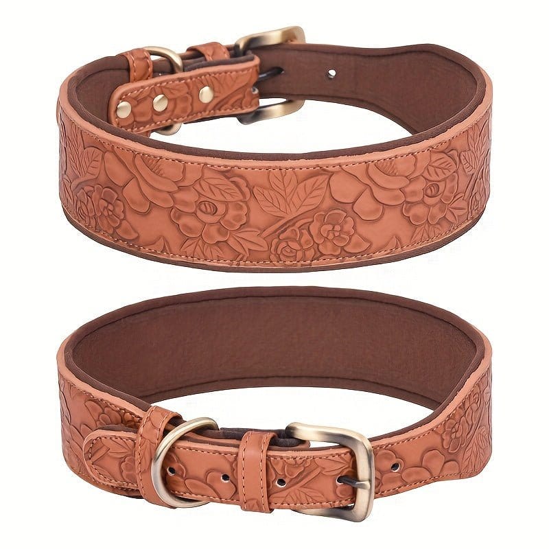 Collier en cuir embossé taille moyenne avec design rétro pour chien, Collier Large en Cuir avec Motifs