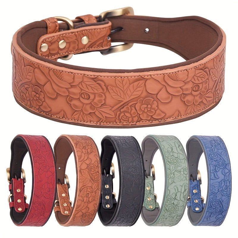 Collier en cuir embossé taille moyenne avec design rétro pour chien
