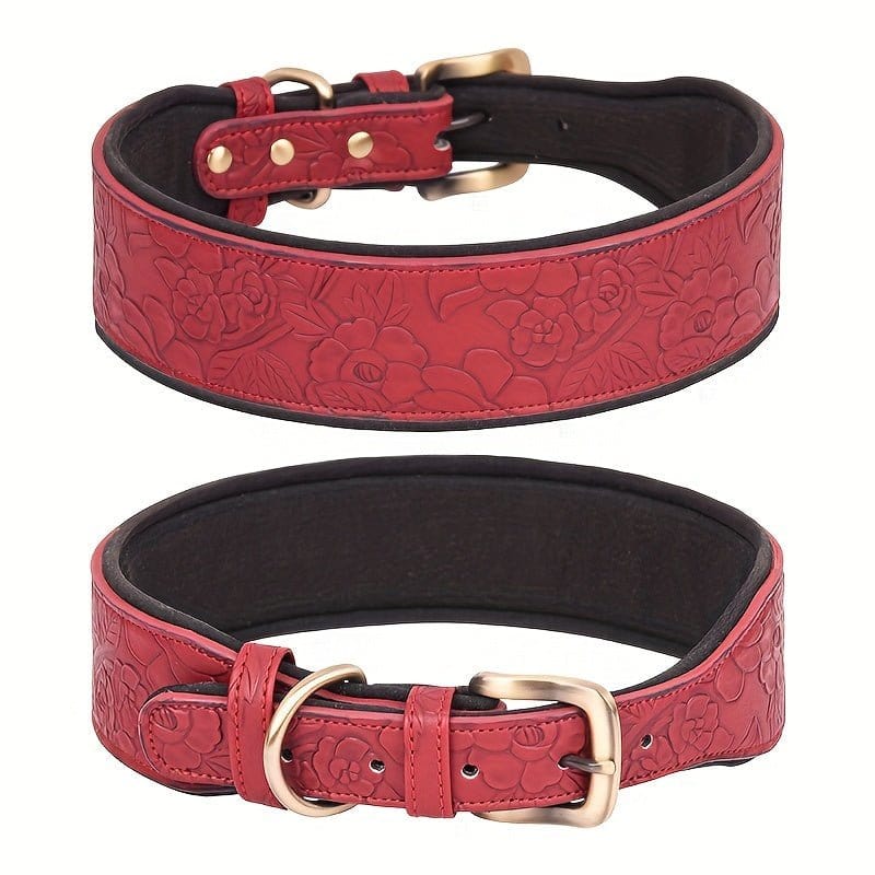 Collier large en cuir embossé à motifs floraux, taille moyenne, style rétro pour chien