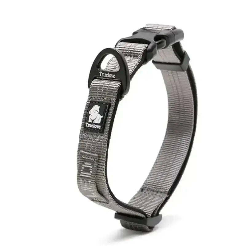 Collier chien Truelove ajustable en nylon gris avec boucle noire, réfléchissant et sécurisant