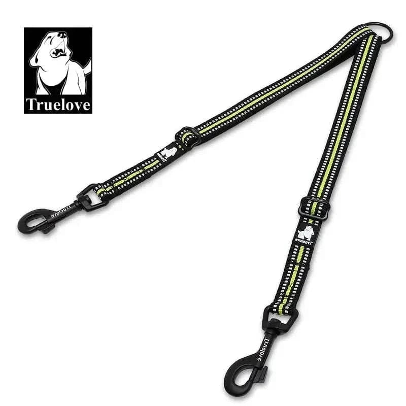 Laisse pour chien double noir et jaune avec bandes réfléchissantes et joint torique