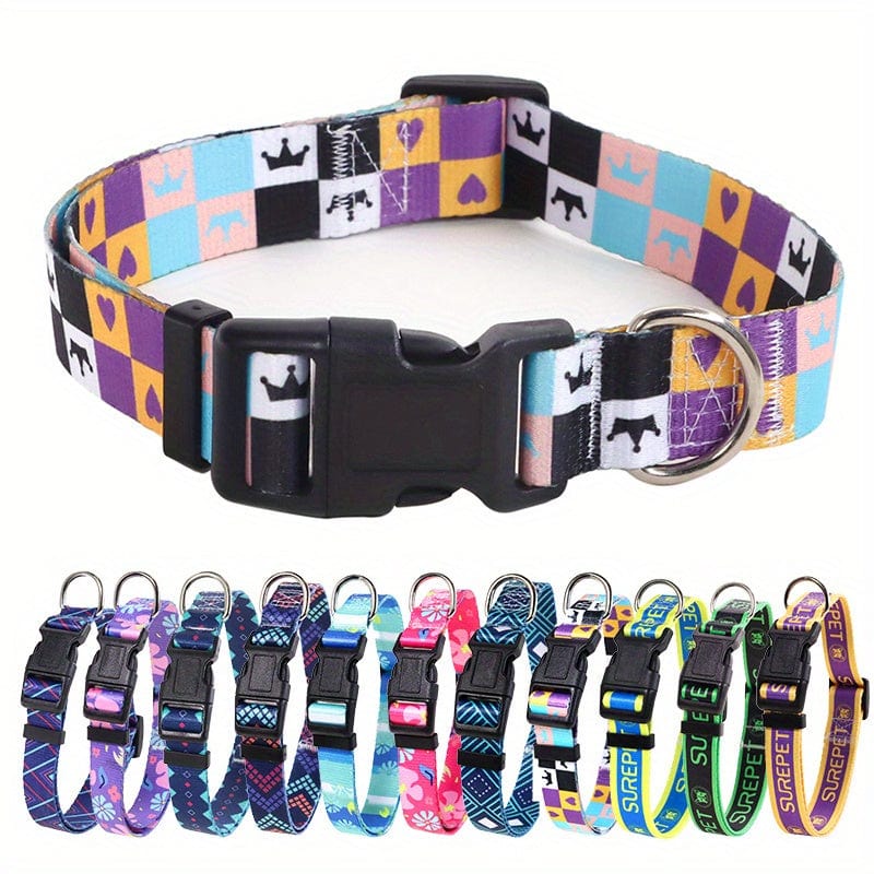 Adjustable Floral Print Dog Collar - Durable Polyester Comfort Fit for Small to Large Breeds - Mixed Color / L