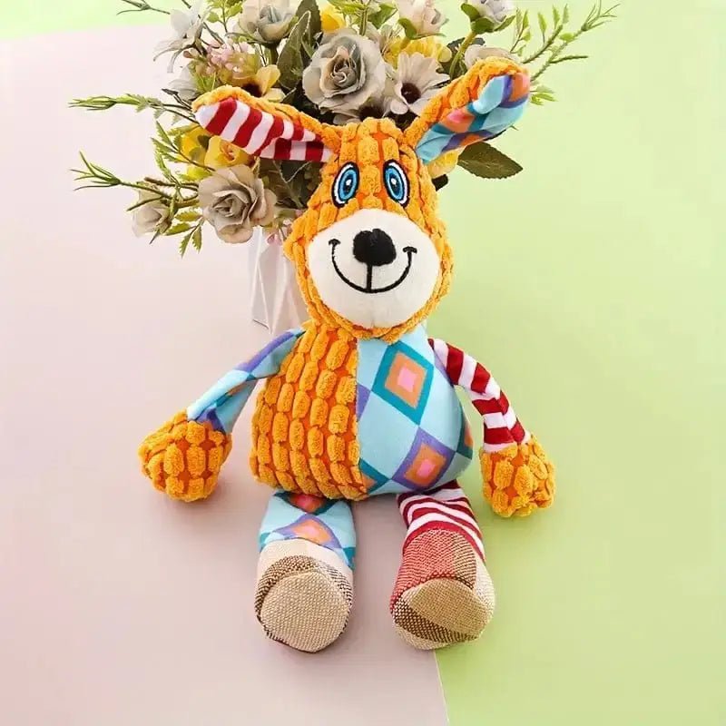 Doudou en peluche sonore pour chien avec un lapin coloré, idéal pour chien qui aime les peluches
