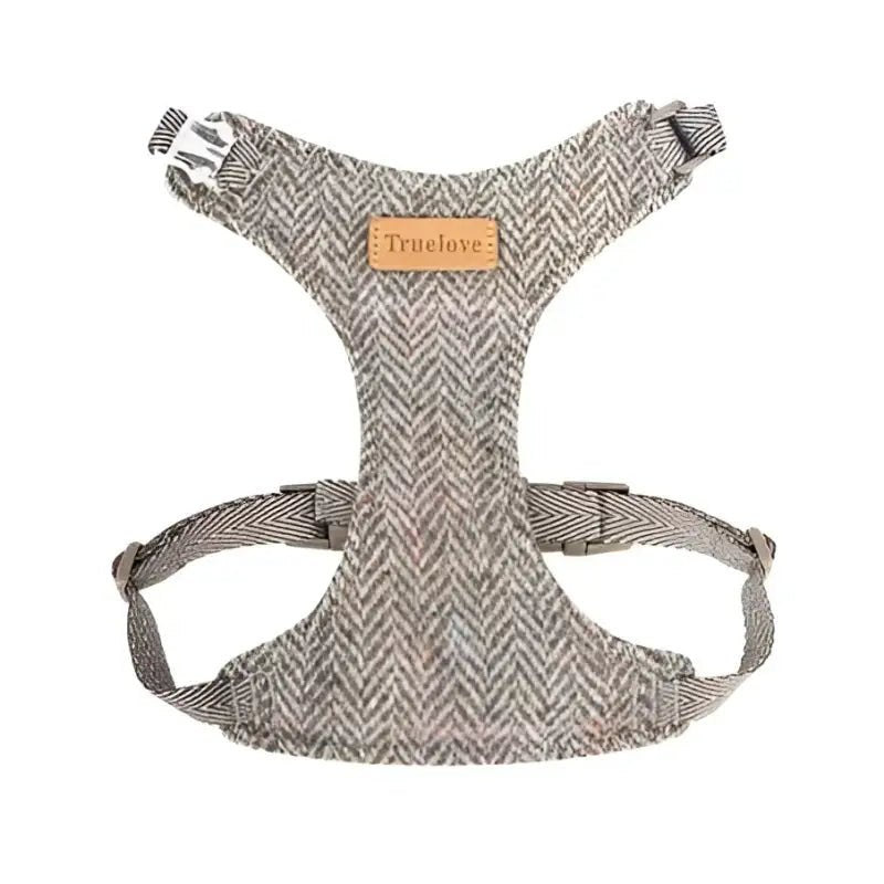 Harnais et laisse Truelove pour chien en tissu gris à motif chevrons avec badge marron