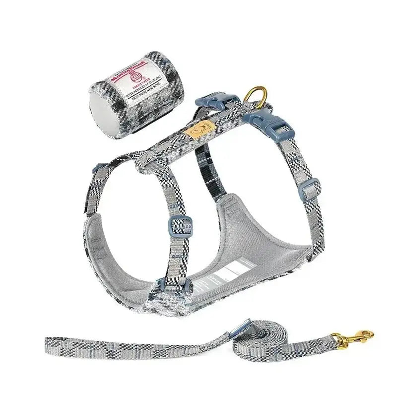 Harnais et laisse Truelove pour chien en tartan gris, confort, élégant avec sac à déjections
