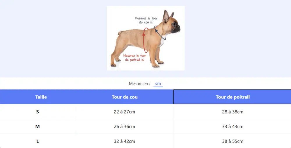 Guide des tailles pour harnais petit chien avec mesures de cou et poitrine, modèle Ensemble harnais petit chien Truelove Biosourcé