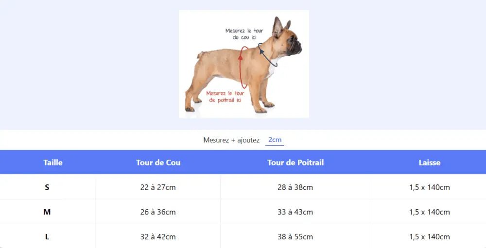 Harnais et laisse Truelove pour petit chien avec guide de tailles et Bulldog français