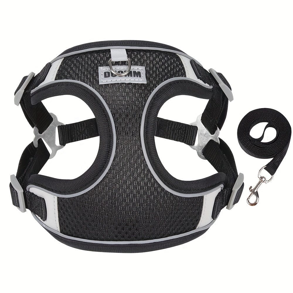 Harnais réfléchissant en mesh noir pour chien petite à moyenne taille avec laisse