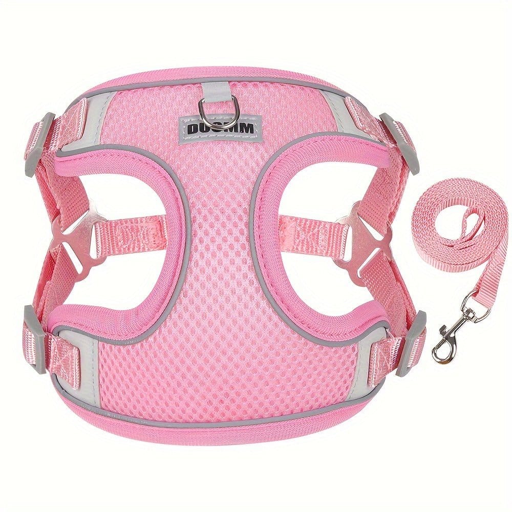Harnais réfléchissant mesh rose pour chien moyenne taille, petite à moyenne, avec laisse