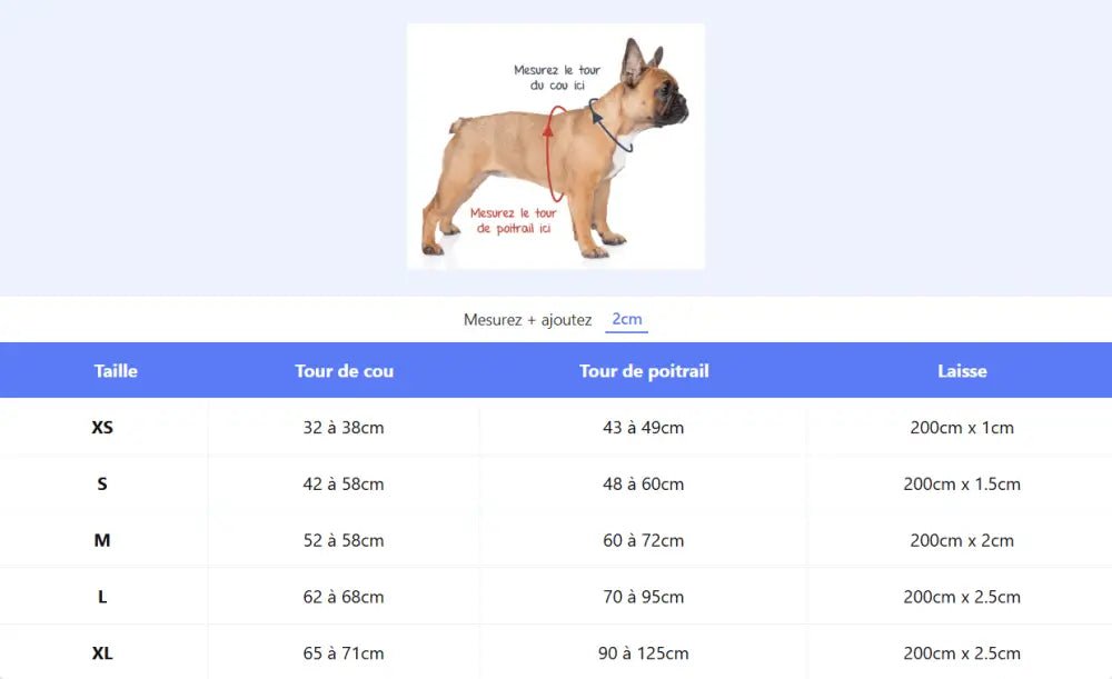 Diagramme de taille pour lensemble complet de harnais et laisse chien Truelove Forest avec poignée dorsale intégrée pour activités sportives