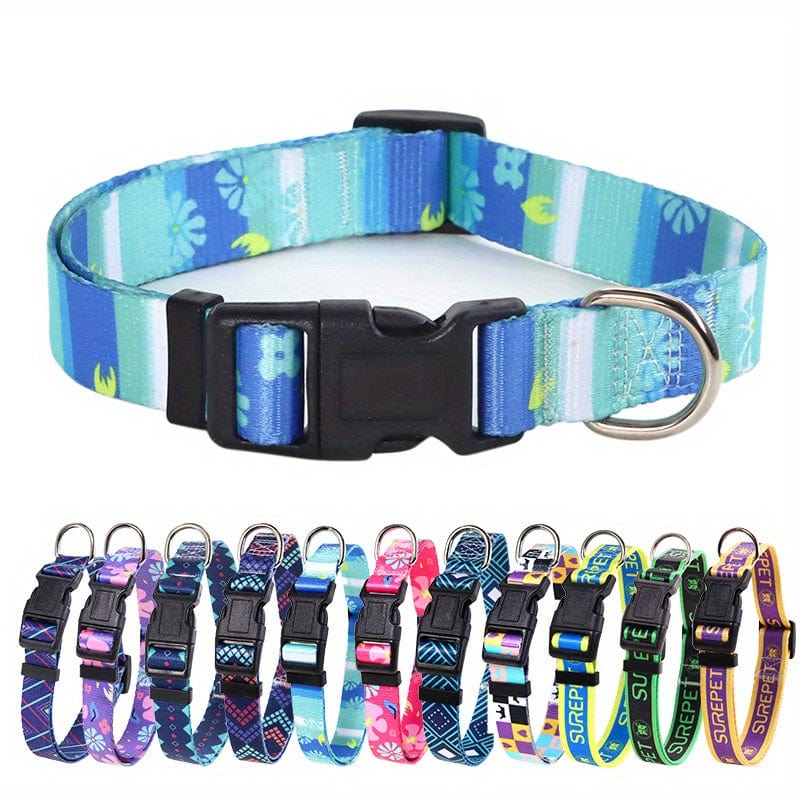 Adjustable Floral Print Dog Collar - Durable Polyester Comfort Fit for Small to Large Breeds - Cyan / XS