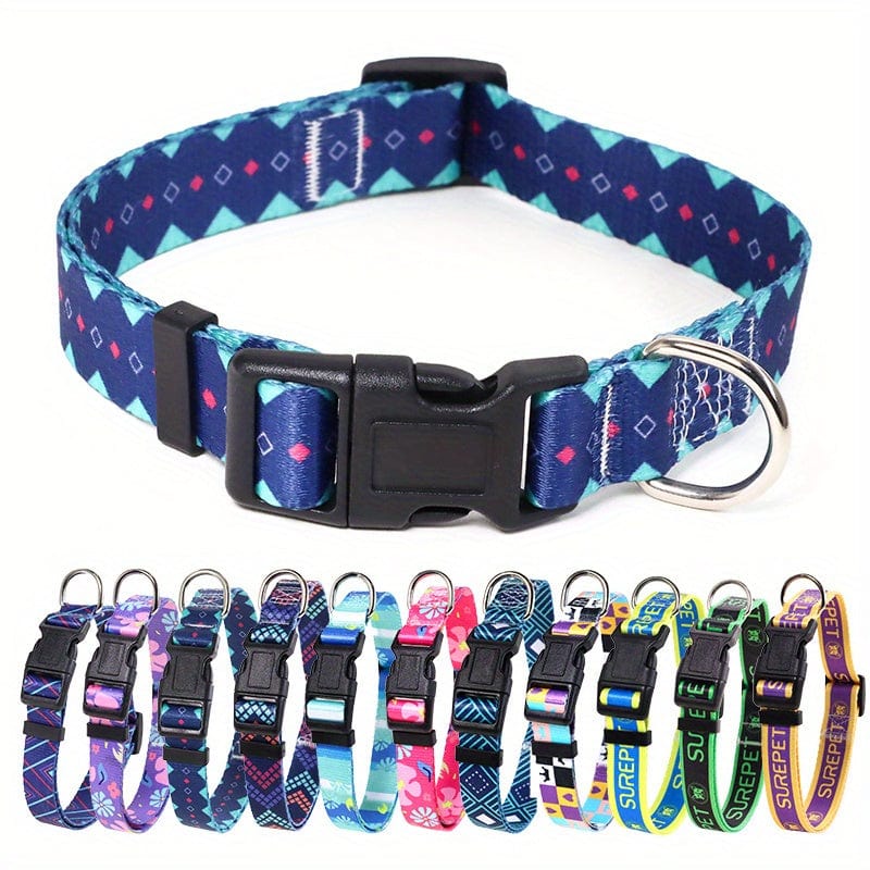 Adjustable Floral Print Dog Collar - Durable Polyester Comfort Fit for Small to Large Breeds - Sea Blue / L